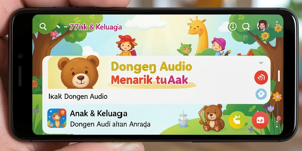 Antarmuka aplikasi 77RP menampilkan berbagai pilihan dongeng audio yang menarik.