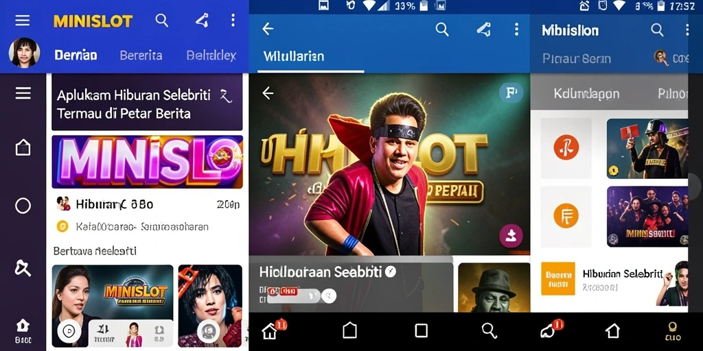 Antarmuka aplikasi MINISLOT menampilkan berita hiburan terkini dan interaksi pengguna.